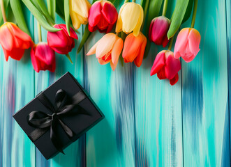 Colorful tulips and a black gift box with floral arrangement on a wooden background for spring celebration