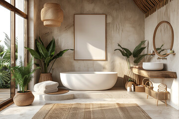 Wall Mural - Scandinavian spa room wooden accents with empty frame