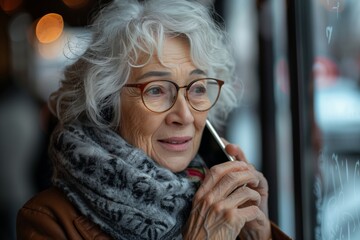 Wall Mural - Elderly Woman Staying Connected with Friends and Family Through Mobile Phone Calls at Home