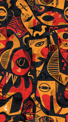 Fototapete - Seamless pattern featuring a collage of abstract faces in red, yellow, and black, evoking a sense of mystery and artistic expression