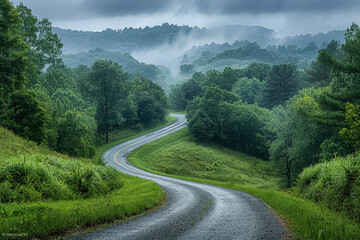 Wall Mural - A winding road through a lush green forest with rain falling.