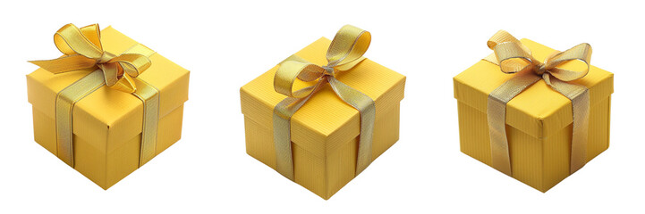 Set of small royal yellow gift box with a gold ribbon isolated on transparent background  (3)