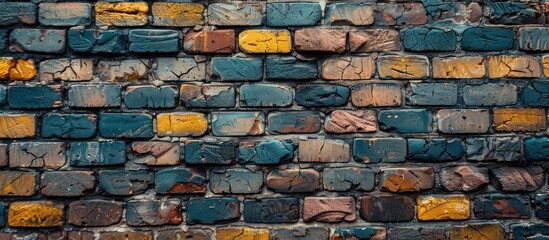 Wall Mural - Weathered Brick Wall with Yellow, Blue, and Brown Tones