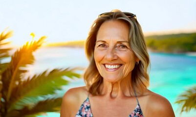 Sticker - Portrait of smiling senior woman on the beach in summertime.