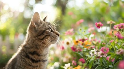 Wall Mural - A cat is looking at a bunch of flowers