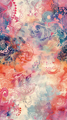 Aufkleber - Watercolor-inspired seamless pattern showcasing floral and paisley motifs in pink, red, and blue tones