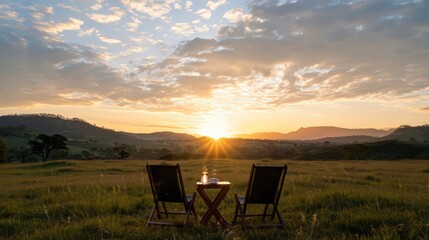 Poster - Two chairs are set up in a field with a beautiful sunset in the background. The chairs are facing each other, and there is a bottle of wine on the table between them