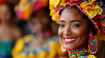 Wall Mural - A woman wearing a colorful headdress and a necklace is smiling. She is the center of attention in the image