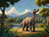 Cute cartoon dinosaur similar to brachiosaurus with long neck and smiling face.