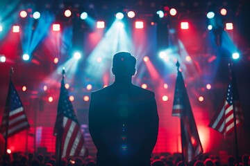 Wall Mural - A politician addressing a crowd at a rally with bright stage lights and American flags, symbolizing leadership, politics, and public engagement. Ideal for political campaigns and civic events.