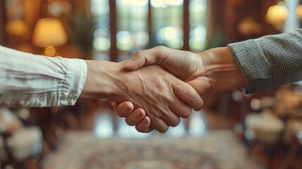 Wall Mural - phone photo of lawyer shaking hands with clients, in a cozy office 