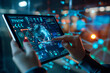 © alex - Person using tablet interact display gesture touch data points and information network. AI generated