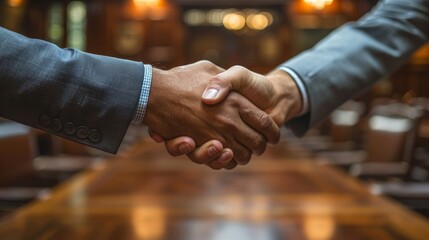 Wall Mural - phone photo of lawyer shaking hands with clients, in a cozy office 