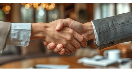 Wall Mural - phone photo of lawyer shaking hands with clients, in a cozy office 