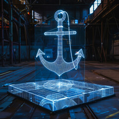 Wall Mural - Glowing Holographic Anchor with Sparkling Effects in Dark Water Scene
