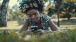© liliyabatyrova - A woman is laying on the grass and looking at her cell phone