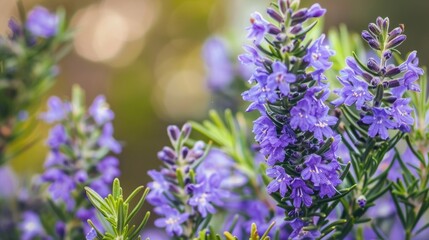 Wall Mural - Rosemary plant with purple flowers in focused vertical shot