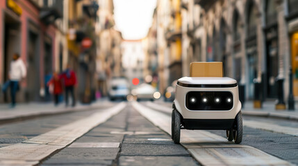 Autonomous delivery robot navigating urban street, symbolizing the future of logistics and last-mile delivery technology.