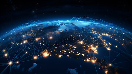 Wall Mural - a depiction of earth from the cosmos, encircled by illuminated pathways and nodes that represent glo