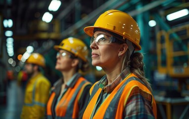 Workers in safety vests and hard hats observe operations inside a manufacturing facility, ensuring safety and efficiency during the day shift