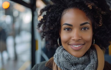 A happy young mixed-race woman smiles warmly while riding the bus, showcasing her vibrant personality and enjoying her journey through the city