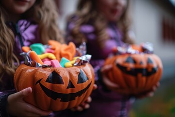 Children Holding Pumpkin Buckets Full of Halloween Candy