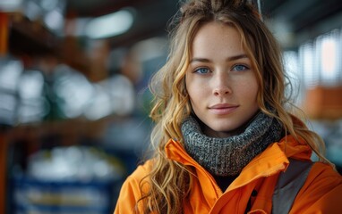 A young woman wearing an orange jacket and gray scarf smiles confidently while standing in a vibrant warehouse filled with shelves