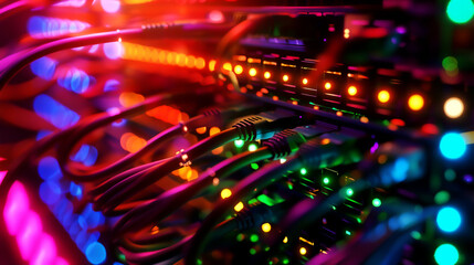 Close-up of colorful LED lights and network cables in a data center server rack. Blurred background creates a vibrant, dynamic effect.