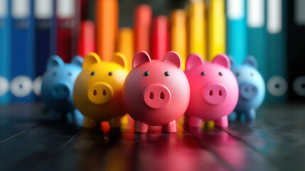 Colorful row of piggy banks with vibrant bar graphs in the background, representing financial growth and savings strategy.