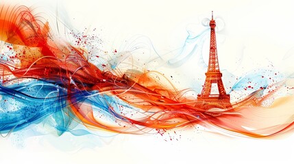 Olympic Games in Paris, France 2024. Vibrant  illustration with colorful smoke and Eiffel Tower on white background.