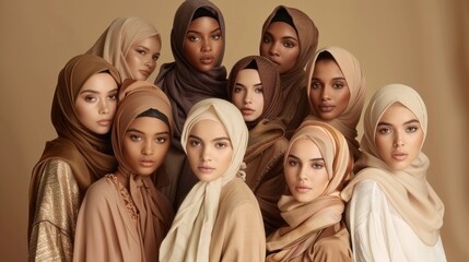 Wall Mural - A group of women wearing brown hijabs are posing for a photo