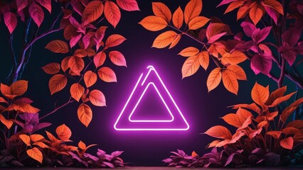 Neon sign with leaves and mountains. 3d illustration, Neon signboard with tropical leaves. Colorful vector illustration, Neon sign with leaves and plants on dark background. Vector illustration.