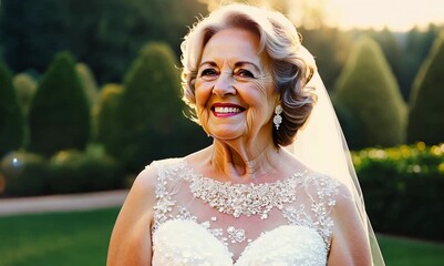 Wall Mural - Portrait of a beautiful happy senior woman in a white wedding dress.