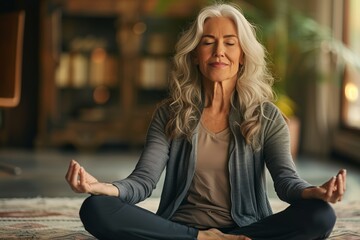 Wall Mural - Mindful Meditation: Senior Woman in Lotus Position Embracing Peace at Home