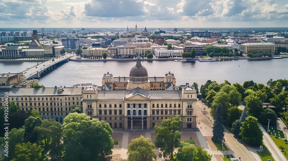 Aerial view of the Latvian academy of sciences in Riga in a summer cloudy day Latvia It was built between 1953 and 1956 dominates the skyline standing at 108m tall : Generative AI