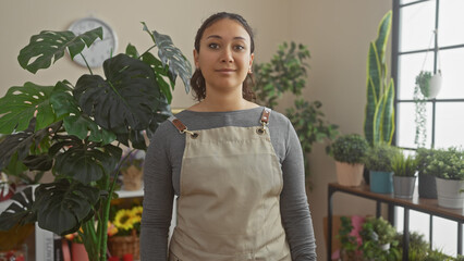 Sticker - A confident young hispanic woman in an apron stands in a green lush flower shop, embodying entrepreneurship and floristry.