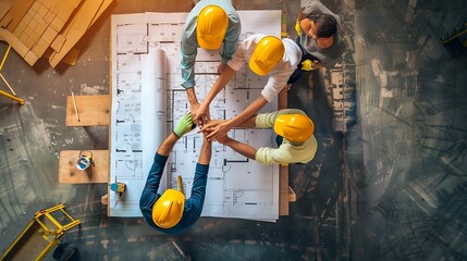 Fototapete - Top down aerial view of architect engineer team shake hands and discussing about building construction Group of diverse people working together to plan and design by using blueprint Al : Generative AI