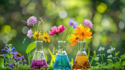 Wall Mural - Flowers in Glass Vase on Green Bokeh Background