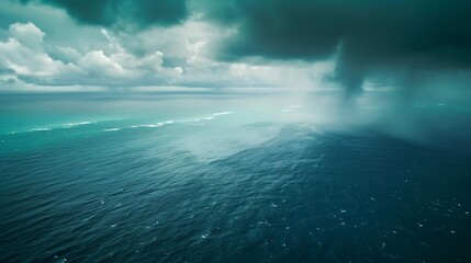 Seen from an aerial view a rain squall sweeps across the tropical Pacific Ocean : Generative AI