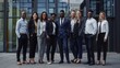 © The Little Hut - Cheerful smiling team of diverse business people in formal suit looking confident at camera with positive faces gathered outside the work building Happy corporate work team posing for  : Generative AI