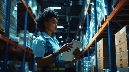 Poster - Female professional using tablet quality checking car parts worker in warehouse Supervisor importexport shipping transportation logistic business factory concept : Generative AI