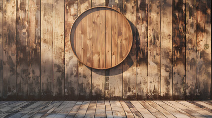 Wall Mural - A wooden wall hosts a circular mockup signboard, awaiting a storefront's branding in a street setting 