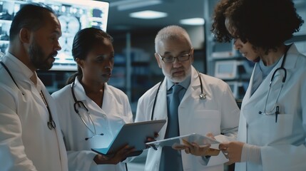 Fototapete - Planning tablet and teamwork in a hospital with a mature manager with healthcare workers with tech Clinic cardiology research and digital report with conversation and collaboration wit : Generative AI