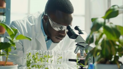 Aufkleber - Black man scientist and lab with test tube research microscope and focus for agriculture study with plant Science team glass vial and plants for medicine pharma and stop virus bacteria : Generative AI