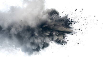 abstract flying dust and debris, dirt cloud explode smoke cloud, a soft dust explode cloudy on white