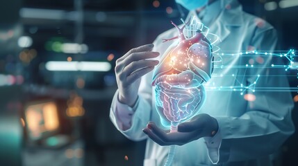 Poster - Medical worker holding hologram of a human body with human organs in concept of health Medical future technology and innovative conceptElevate healthcare with AI technology services : Generative AI