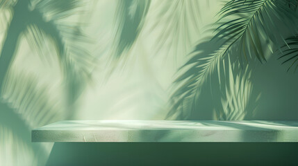 Poster - Abstract green background with shadow of palm leaves on the wall, empty table for product presentation 