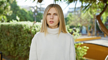 Sticker - Attractive blonde woman with blue eyes dressed in white, posing outdoors in a lush green park during the day.