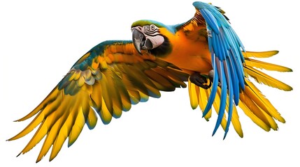 Colorful Macaw parrot flying isolated on white background : Generative AI