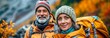 © Olga Che - Senior woman happy in hike. Portrait of active old couple with backpack. Healthy person has adventure in mountain. Outside, autumn walk banner. Mature hiker. Adult people hiking and walking lifestyle